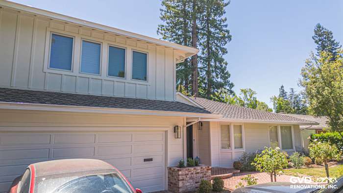 Menlo Park home exterior featuring James Hardie Batten Board siding and custom paint, showcasing modern curb appeal