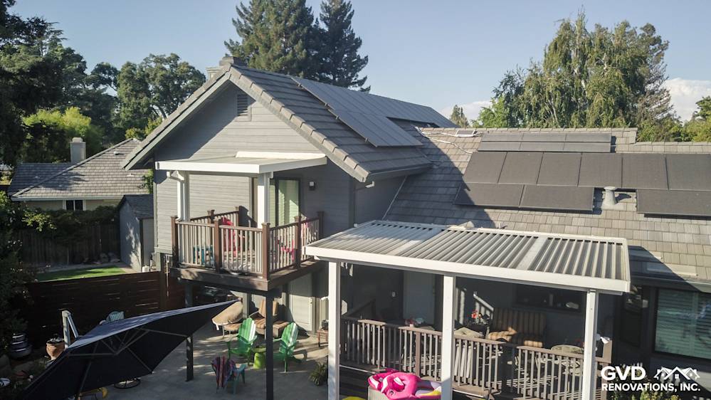 Home exterior featuring Night Gray HardiePlank siding, Iron Gray trim, and modern deck awning in Sacramento