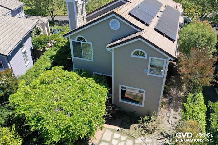 Updated home exterior in Petaluma featuring Monterey Taupe James Hardie siding and Arctic White trim