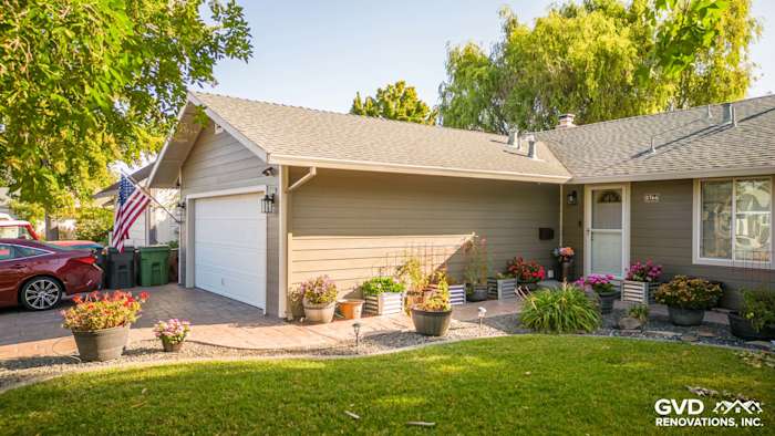 Timber Bark James Hardie siding with Cobble Stone trim on a renovated Rohnert Park home exterior, featuring landscaped yard