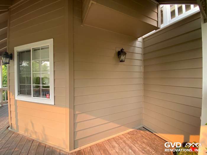Khaki Brown James Hardie lap siding and trim installed on unique home exterior in Petaluma
