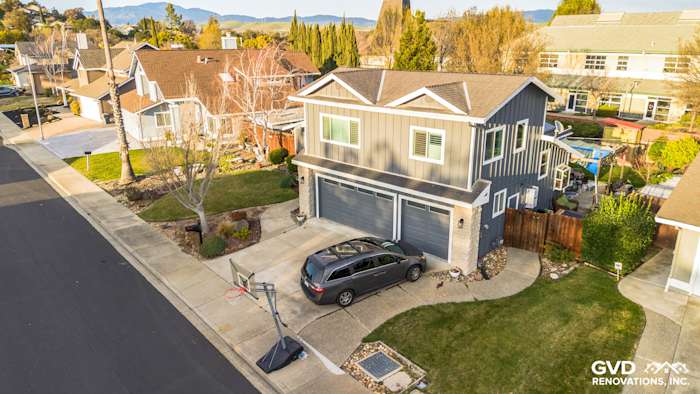 Elevated view of a home in Dublin, CA with new James Hardie siding in Night Gray and Arctic White trim