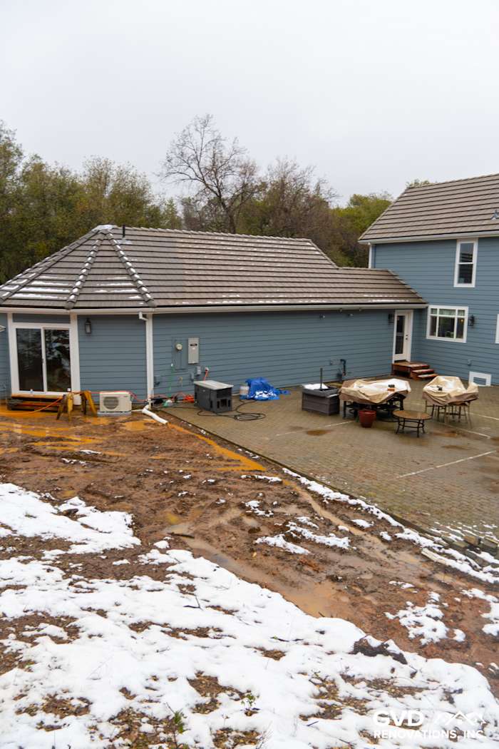 Home exterior featuring Boothbay Blue James Hardie siding and new Milgard windows in Sutter Creek