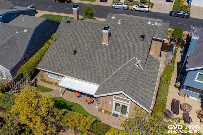 Aerial view of a home with Khaki Brown HardiePlank siding and Arctic White trim in Foster City, CA