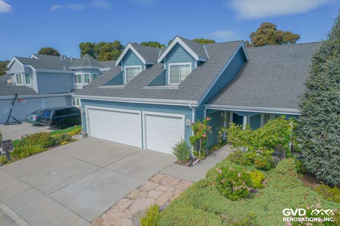 Foster City home featuring Boothbay Blue James Hardie siding and Arctic White trim with landscaped entryway