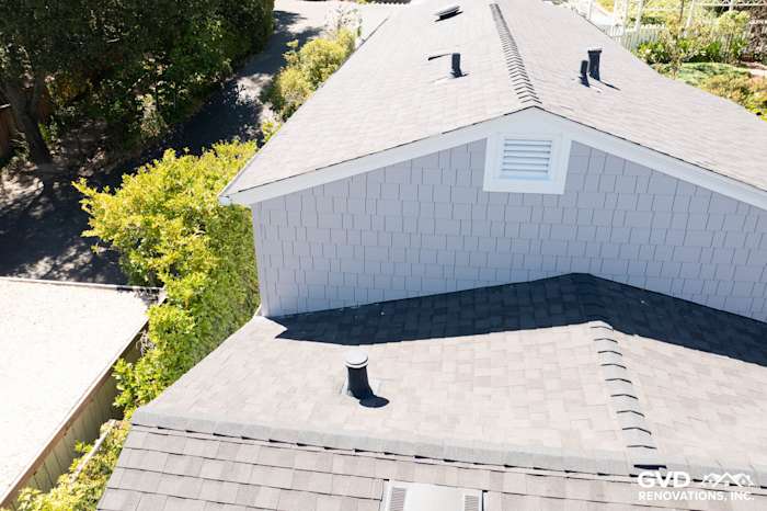 Gray James Hardie shingle siding installed on a home roof in Orinda, CA, showcasing a sleek design
