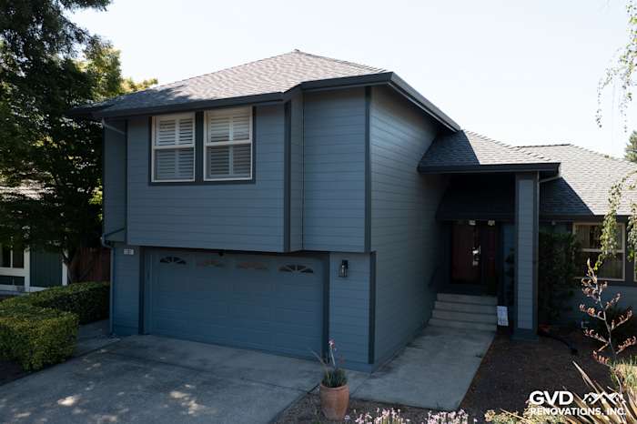 Home exterior featuring new Boothbay Blue James Hardie siding and Milgard windows in Rohnert Park, CA