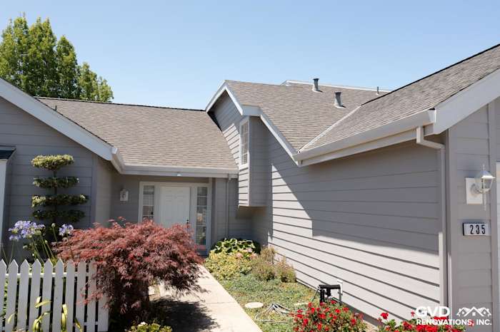 Home exterior featuring Pearl Gray James Hardie plank siding and Arctic White trim in Foster City, CA