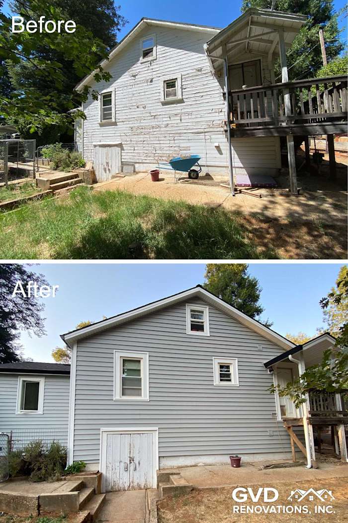 Before and after of home exterior featuring Prodigy Vinyl Siding in light blue, showcasing a complete transformation