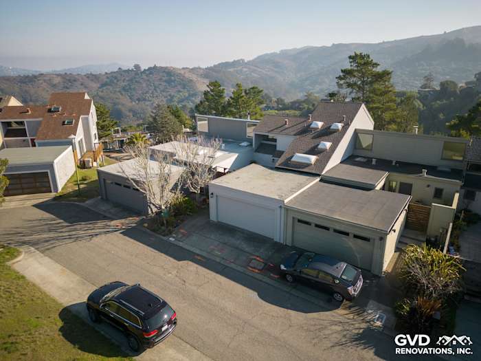 Aerial view of a home in Mill Valley showcasing freshly installed Pearl Gray James Hardie siding