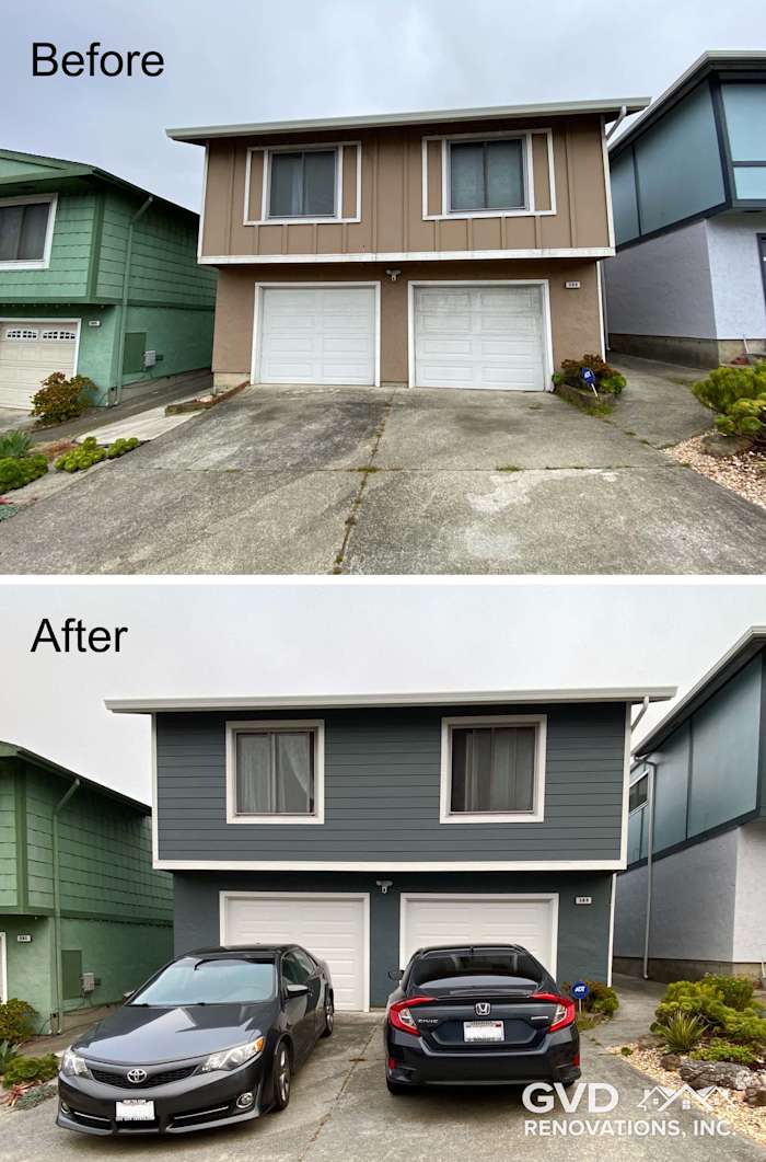 Before and after of home exterior in Daly City with James Hardie siding, featuring dark blue and tan colors