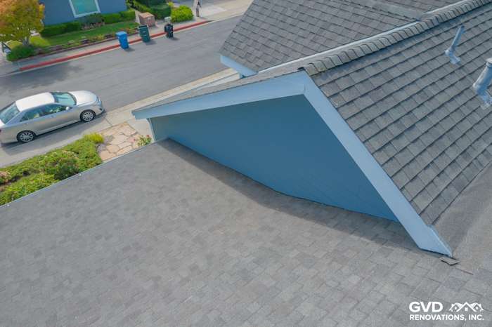 Aerial view of a home featuring Boothbay Blue James Hardie siding and Arctic White trim in Foster City, CA