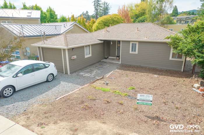 Home exterior featuring Prodigy Solid Core Siding in Mill Valley, CA, with a newly landscaped yard and gravel driveway