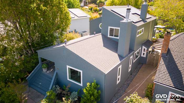 Home exterior featuring James Hardie Cedarmill Siding in Evening Blue with Arctic White trim in Corte Madera