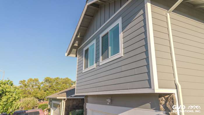 Gray Slate James Hardie Lap Plank Siding with Arctic White Trim on home exterior in Petaluma
