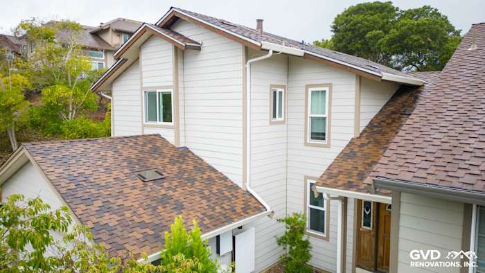 James Hardie fiber cement siding installation with Cobble Stone color and Khaki Brown trim in San Mateo