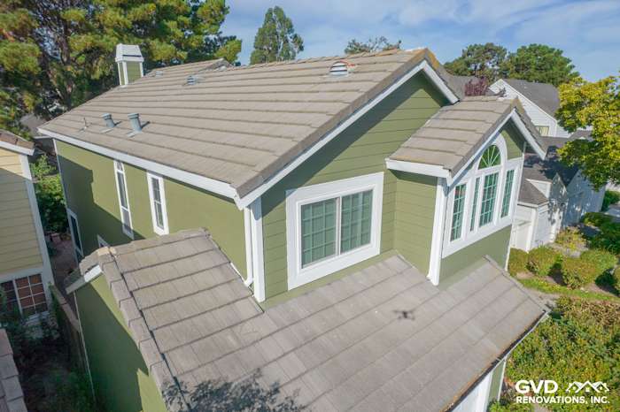 Mountain Sage James Hardie siding and Arctic White trim on a transformed home exterior in Pinole, CA