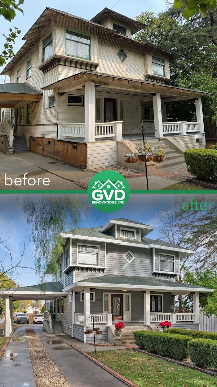 Transformational before-and-after of a home exterior featuring new gray vinyl siding and updated porch details in Dixon, CA