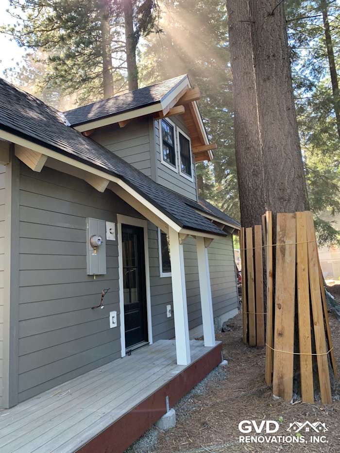 Newly installed James Hardie siding in taupe shades, complementing a modern cabin exterior in Tahoe City