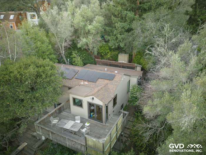 Aerial view of Oakland home featuring Khaki Brown James Hardie siding, Timber Bark HardieTrim, and a spacious deck