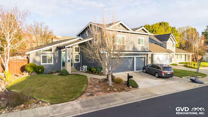 Home exterior in Dublin, CA featuring new Night Gray James Hardie siding and Arctic White trim