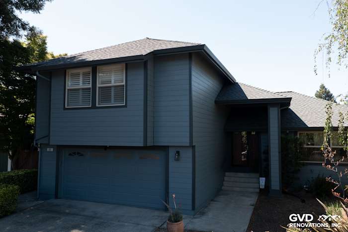 Updated home exterior featuring Boothbay Blue James Hardie siding and new Milgard windows in Rohnert Park