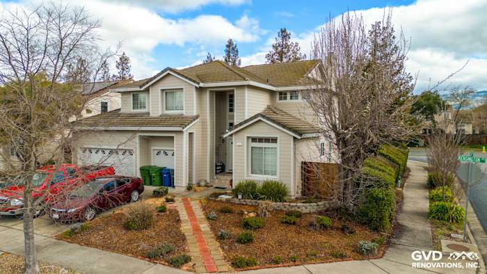 Updated home exterior with James Hardie Cobble Stone siding and Arctic White trim in Petaluma, CA