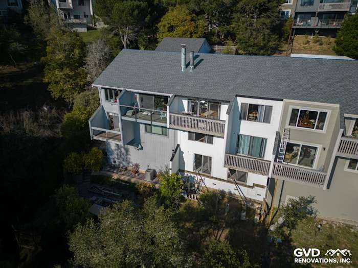 Modern home exterior featuring James Hardie Monterey Taupe Lap Siding and Cobble Stone HardieTrim in Mill Valley