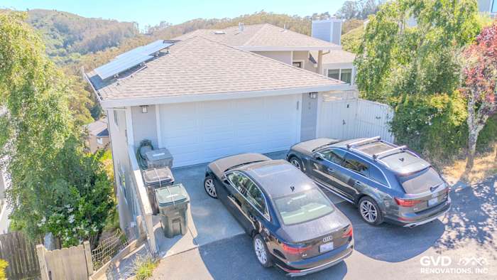 Modern home exterior with James Hardie siding in Pearl Gray and Arctic White trim in Mill Valley, CA