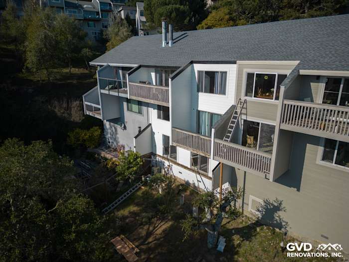 Modern home exterior featuring James Hardie Monterey Taupe Lap Siding and Cobble Stone HardieTrim in Mill Valley
