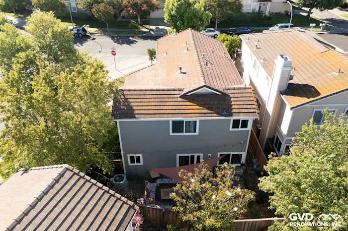 Home exterior in Petaluma showcasing Gray Slate James Hardie siding and Milgard windows among surrounding trees