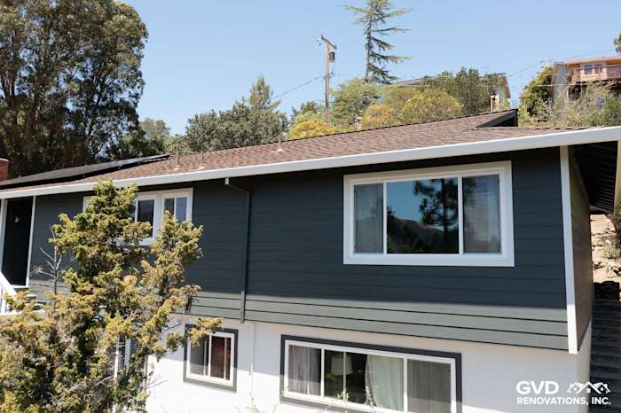 James Hardie Iron Gray siding with Arctic White trim on a San Rafael home exterior renovation