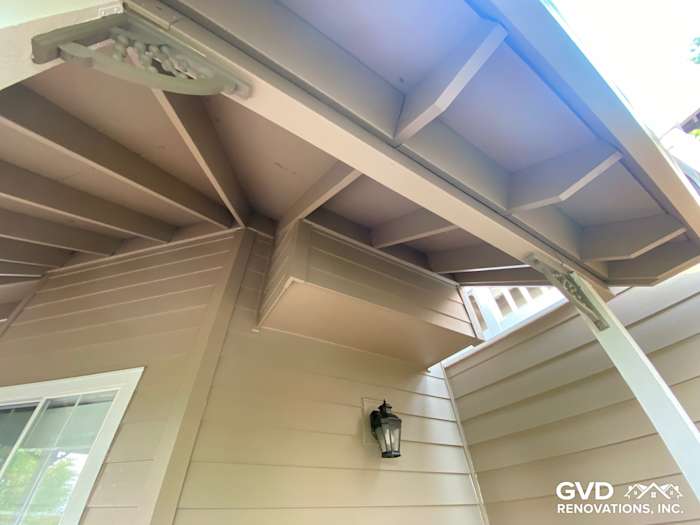 Khaki Brown HardiePlank siding and trim on a Petaluma home, showcasing detail under the eaves