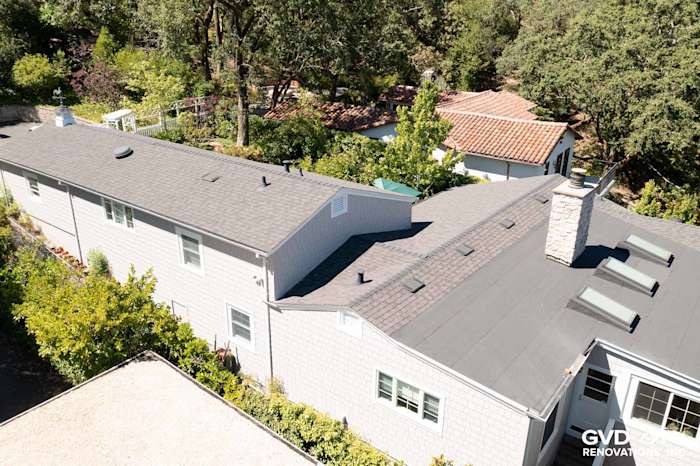 Aerial view of a home with Pearl Gray James Hardie Shingle Siding and gray roofing in Orinda, CA