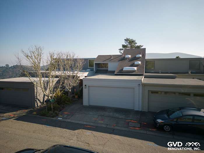 Modern home exterior featuring Pearl Gray James Hardie lap siding and new roof in Mill Valley