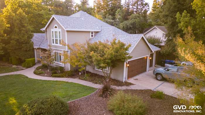 Home exterior featuring James Hardie Cedarmill Siding in Monterey Taupe with Arctic White trim in Fair Oaks, CA