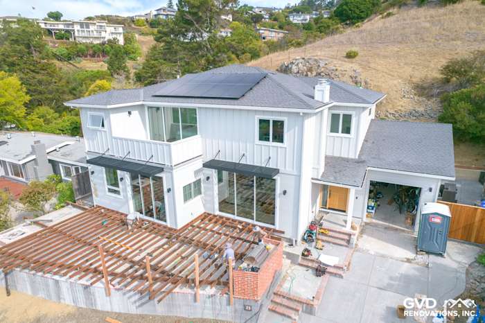 Newly installed James Hardie Artisan Lap Siding on a modern home exterior with deck framing in Tiburon