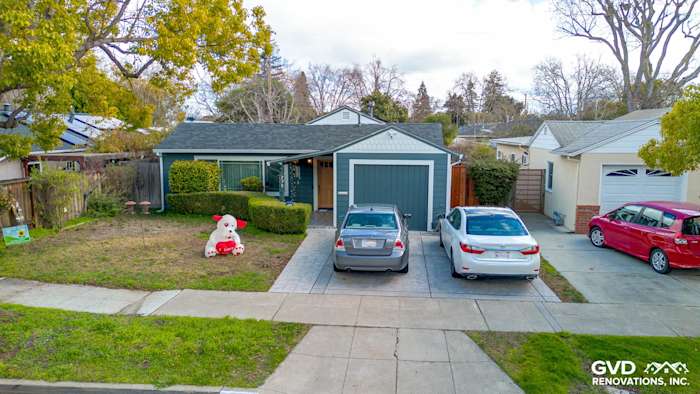 Home exterior featuring James Hardie Evening Blue siding and Arctic White trim in Redwood City, CA