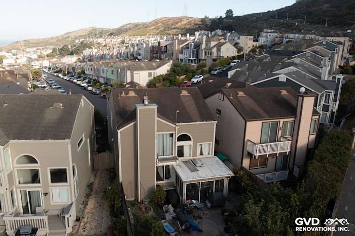 Home exterior featuring James Hardie Lap Siding in Monterey Taupe and Cobble Stone trim in Daly City