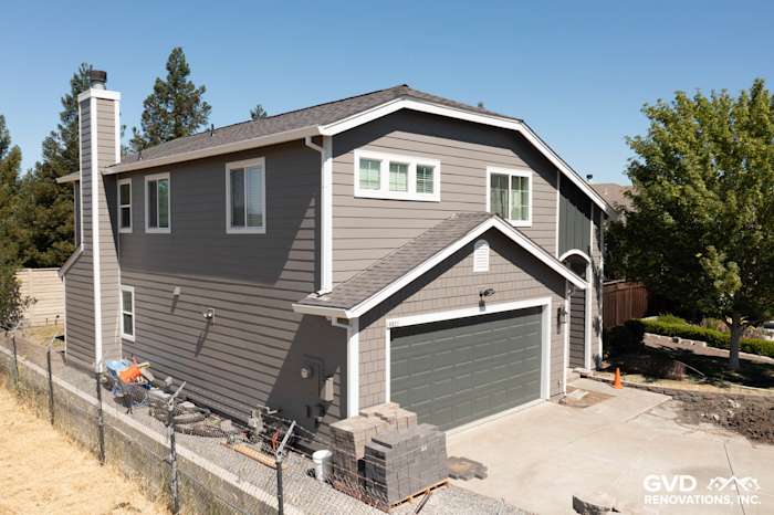 Charming home exterior with James Hardie Aged Pewter siding and Arctic White trim in Rohnert Park, CA