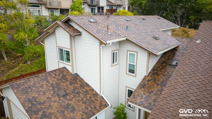 Newly installed James Hardie Lap Siding in Cobble Stone with Khaki Brown trim on San Mateo home