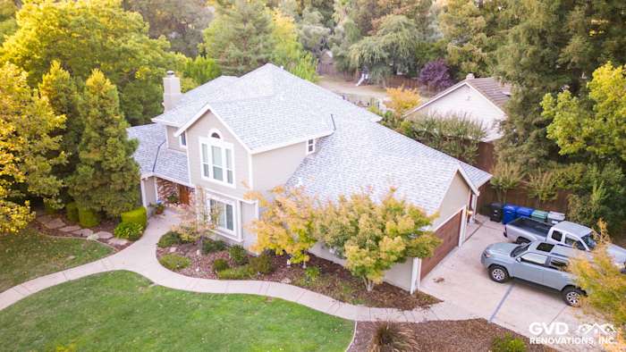 Home exterior featuring James Hardie Monterey Taupe siding with Arctic White trim in Fair Oaks, CA