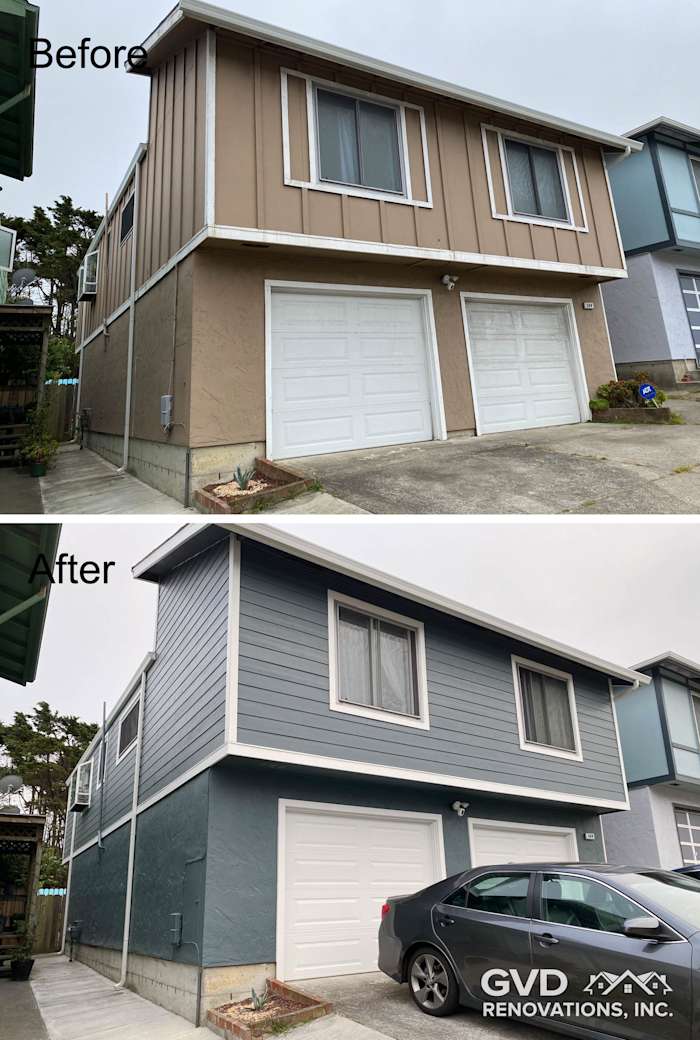 Daly City home featuring new James Hardie siding in blue, showcasing before and after transformation