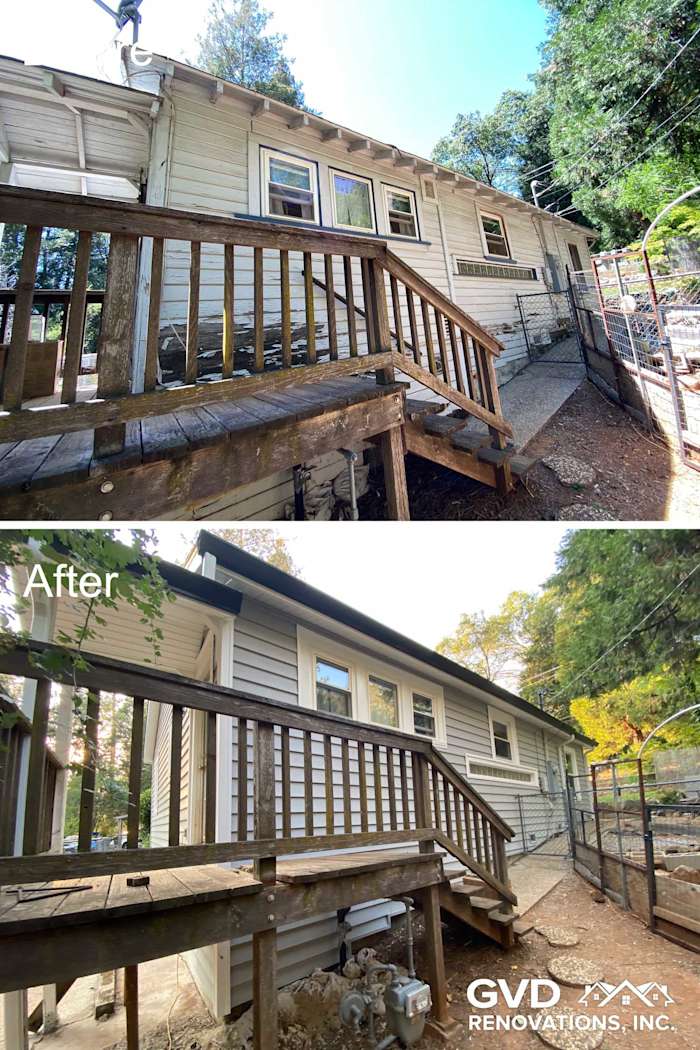 Updated home exterior featuring Prodigy Vinyl Siding in light tones with upgraded wooden deck railings, Grass Valley