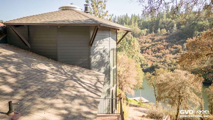 Iron Gray HardiePlank siding installed on a unique home exterior in Meadow Vista with scenic views
