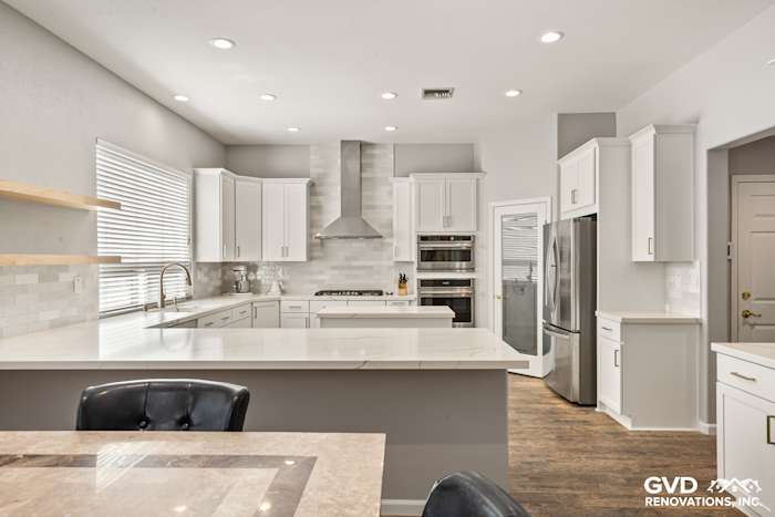 Modern kitchen in Roseville with Diamond cabinets, MSI countertops, and full-height backsplash, showcasing contemporary