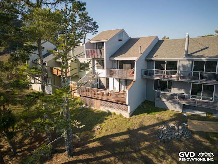 Stylish home exterior with Pearl Gray James Hardie Lap Siding and wooden decks in Mill Valley, CA