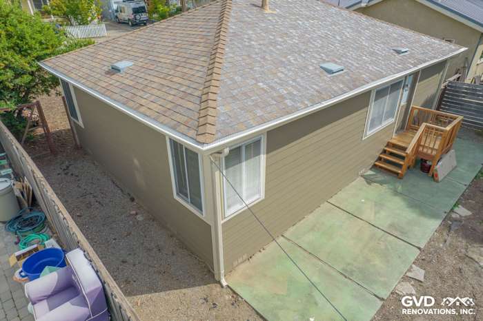 Aerial view of a home in Mill Valley with Prodigy Solid Core Siding and a new wooden deck
