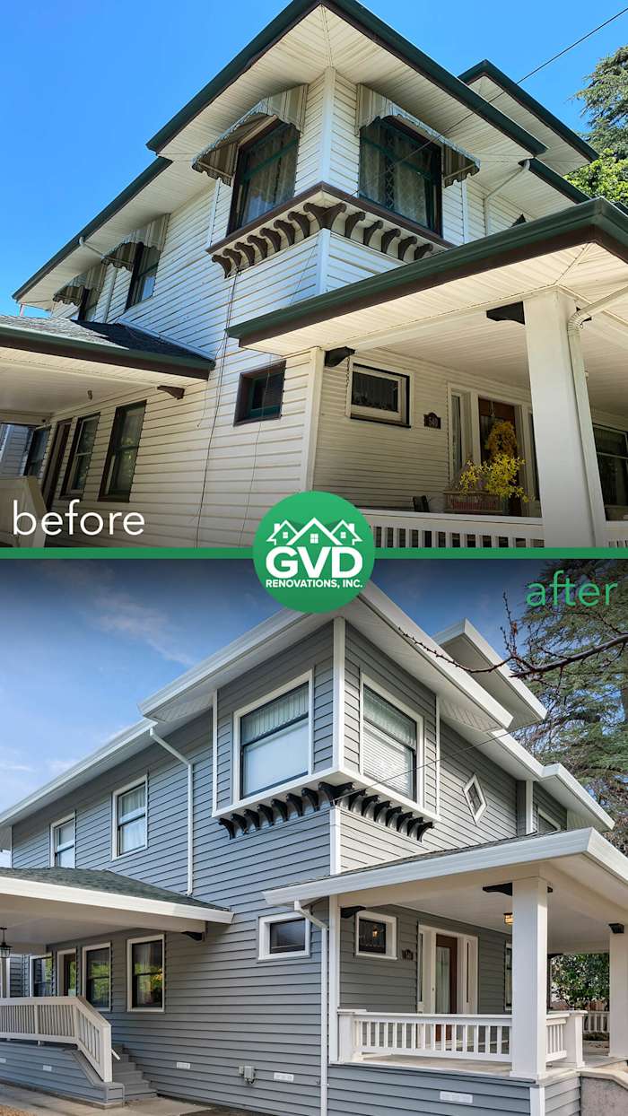 Striking vinyl siding renovation showcasing light gray panels and decorative trim in Dixon, CA home