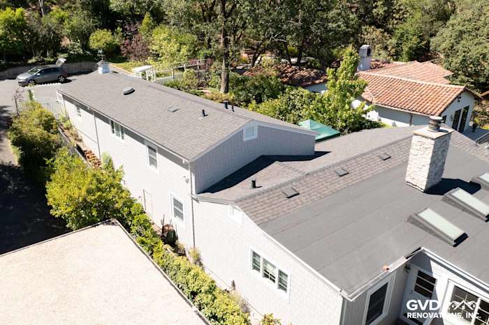 Aerial view of a home in Orinda, showcasing Pearl Gray James Hardie Shingle Siding and modern roofline